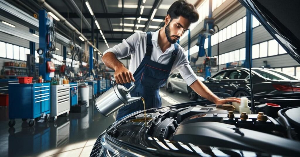 Auto Repair Boy is adding oil into the Car. How Long Does an Oil Change Take?